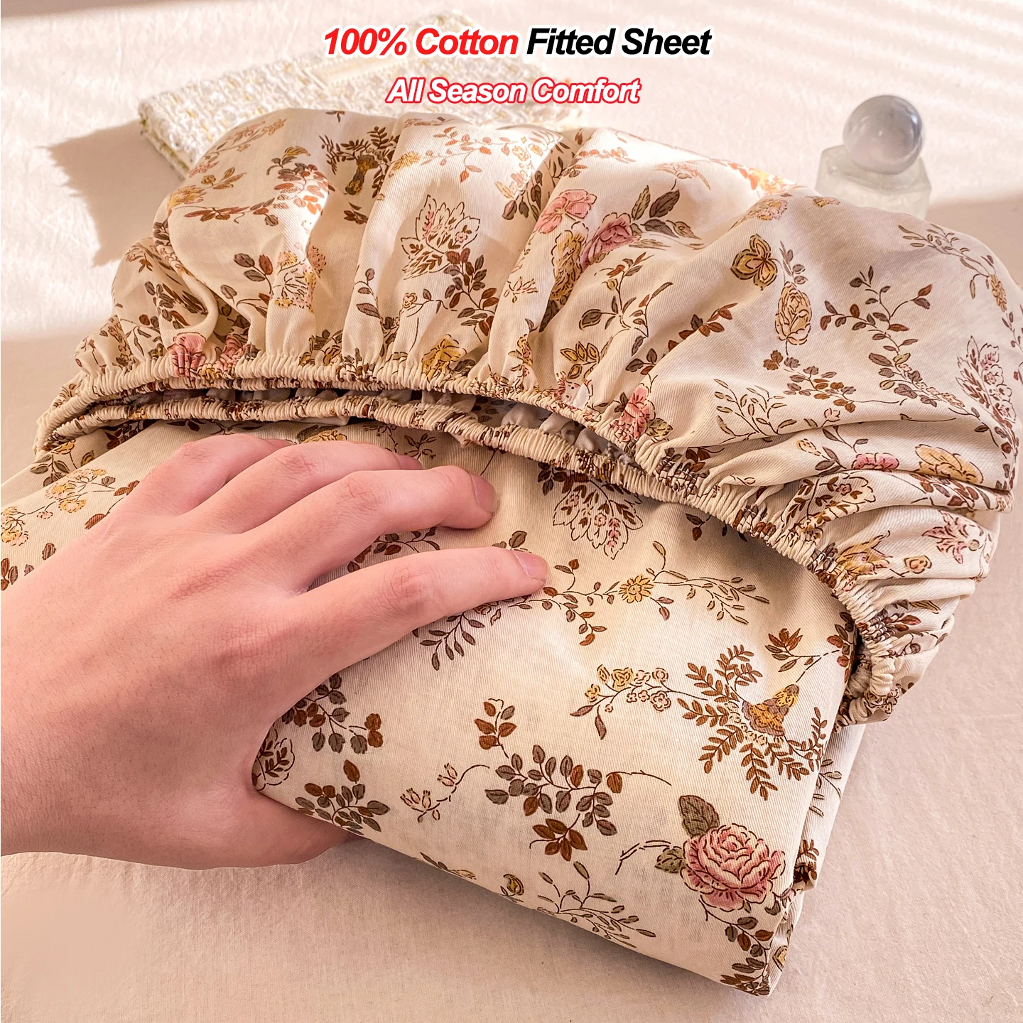Soft Breathable 100% Cotton Fitted Sheet, Floral Print 25cm Deep Pocket Mattress Cover, Wrinkle Resistant Elasticated Sheet