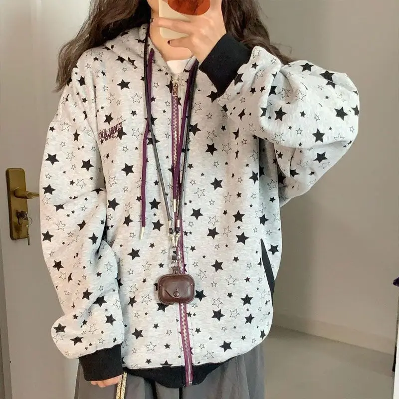 プリント刺繍ジッパー中国綿複合薄型ルーズファッショナブルな韓国スタイルデザイン花柄スター