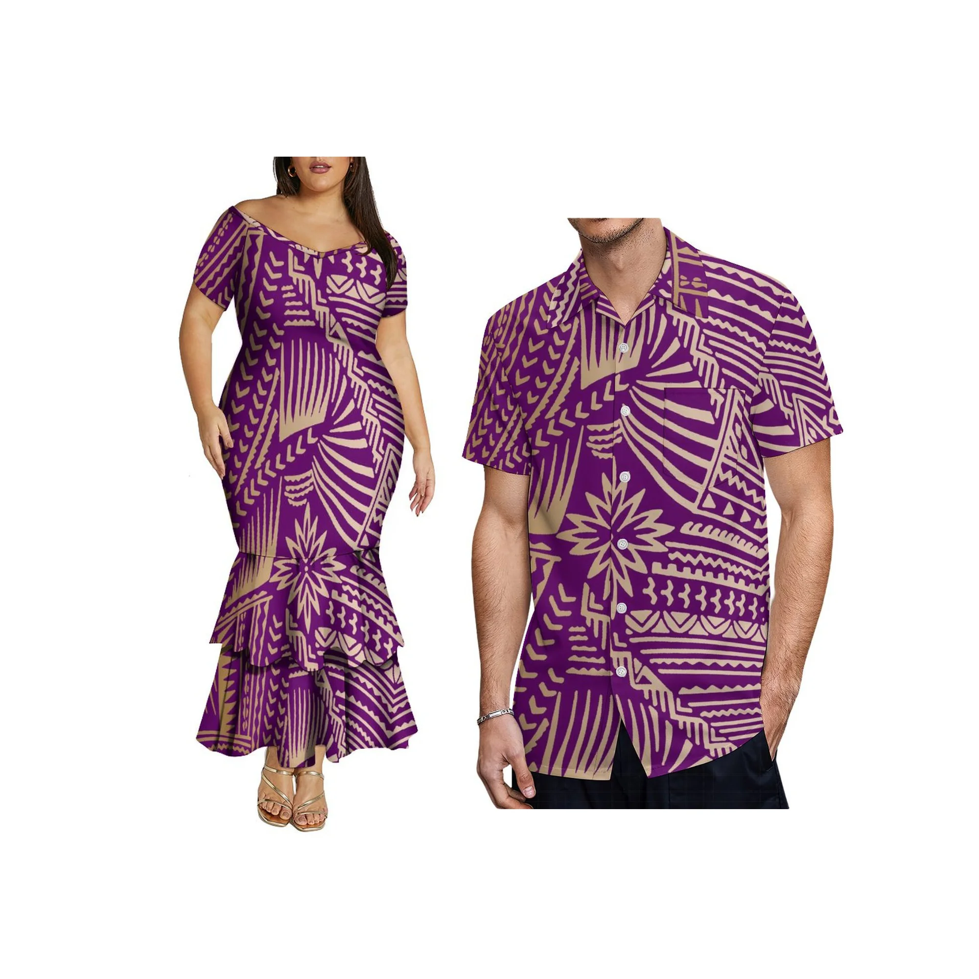 Nueva fábrica, venta al por mayor, ropa personalizada para parejas, diseño samoano, vestido de cola de pez con hombros descubiertos, camisa de secado rápido para hombres de talla grande