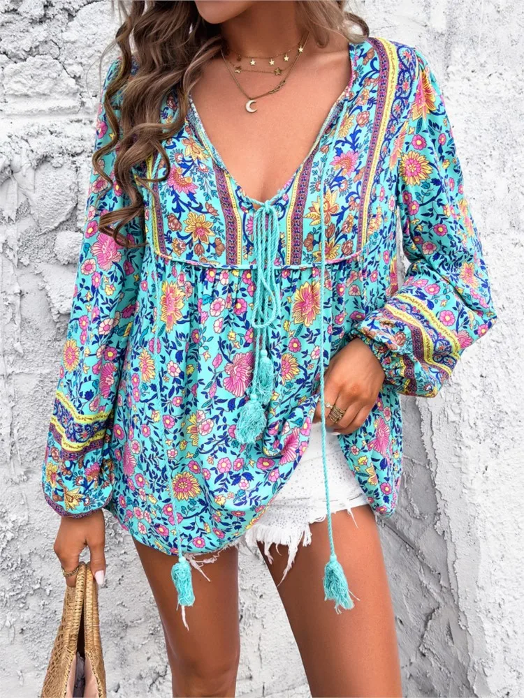 

Autumn Women's Blouse Casual Vacation Bohemian Printed Women Long Sleeveed Shirts Elegant Comfortaqble V Neck Women Holiday Tops