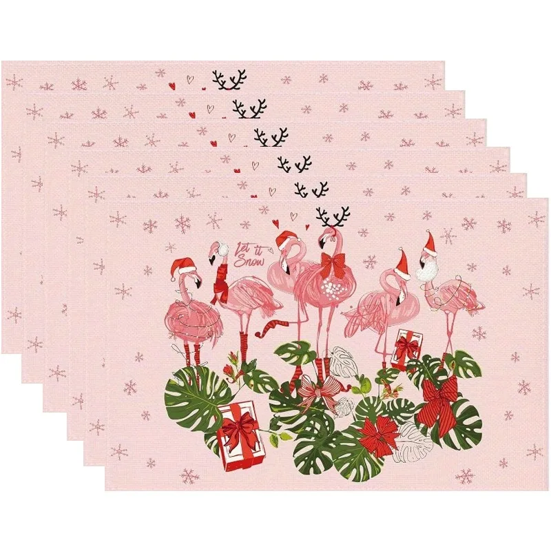 Pink Christmas Placemats 1/4/6pcs Set, Hawaiian Tropical Flamingo Christmas Winter Holiday Home Kitchen Table Decoration