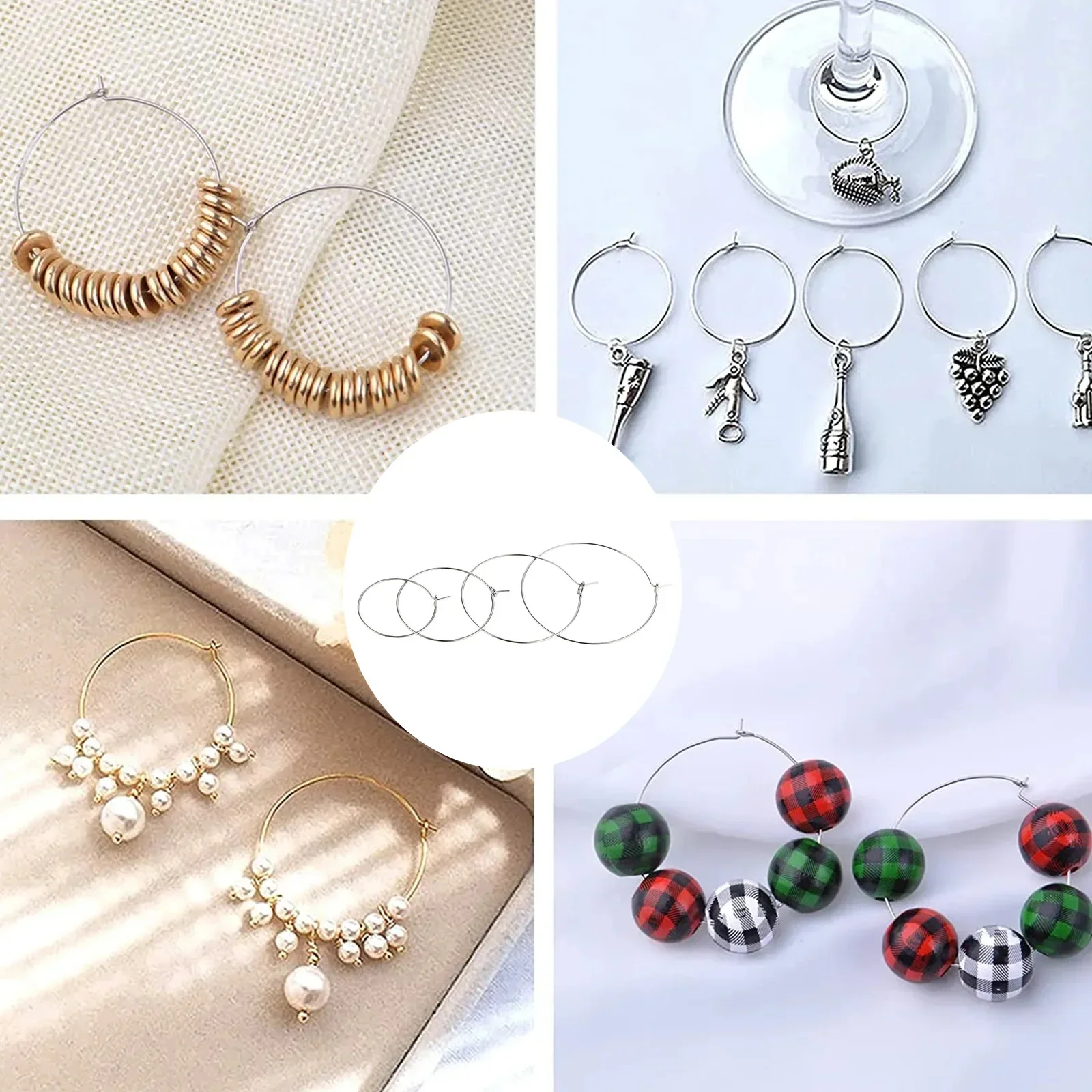100Pcs 20/25/3035mm Wine Glasses Charm Rings Markers Silver Earrings Circle Wire Rings Hoops DIY Gift Party Drink Wine Labeling
