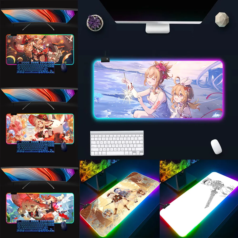 Klee Genshin Impact RGB Pc Gamer Keyboard Mouse Pad Mousepad LED Glowing Mouse Mats Rubber Gaming Computer Mausepad