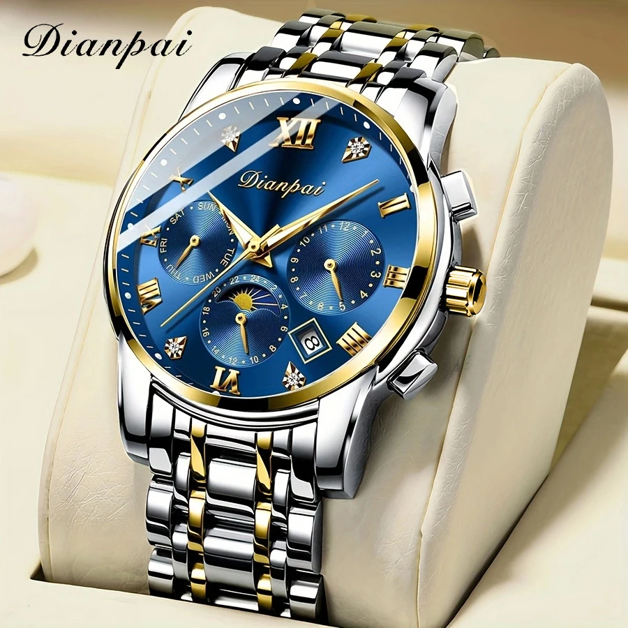 Dianpai calendário de três olhos e seis agulhas pulseira de aço inoxidável relógio mecânico automático luminoso relógio masculino da moda