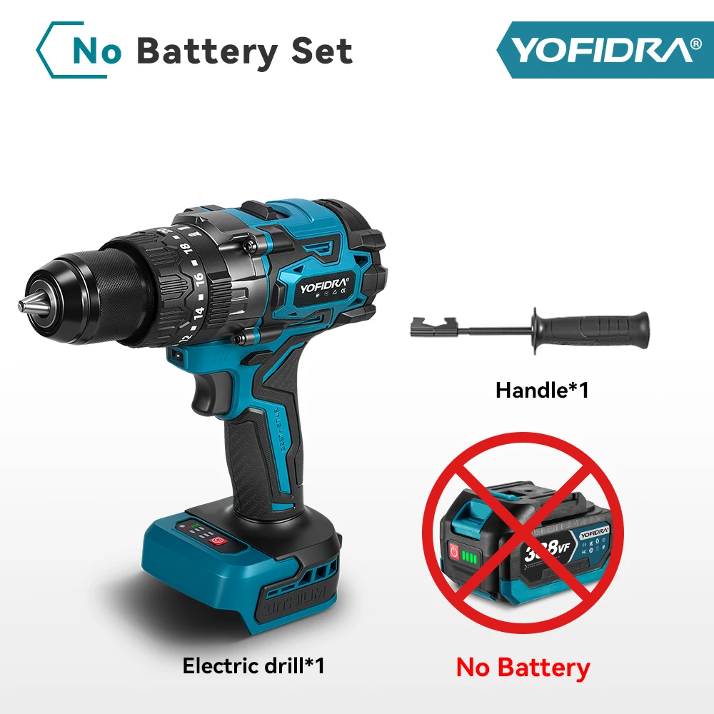 YOFIDRA 900N.M 13MM Bürstenloser Elektro-Schlagbohrschrauber 20+3 Drehmomentstufen Handbohrmaschine Schraubendreher Elektrowerkzeug für Makita-Akku
