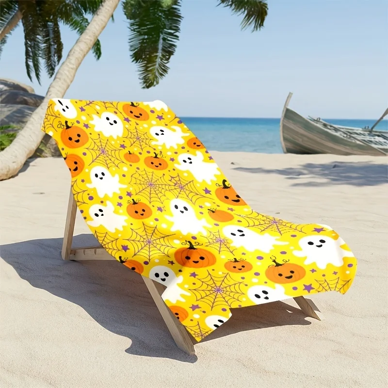 Newest Beach Towel Bright Yellow Base Cartoon Ghost Pumpkin Spider Web All Over Print Beach Towel Soft Pool Travel Towel