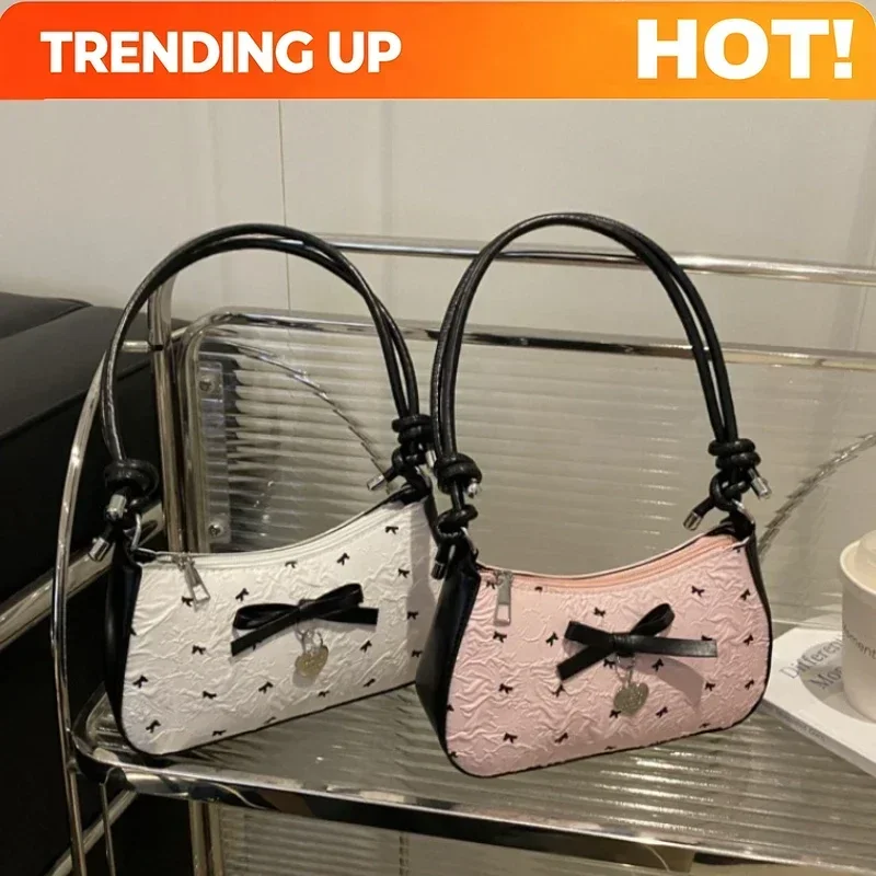 Y2k Pink Bow Armpit Bag For Women, New Fashionable And Versatile Texture Light Luxury Single Shoulder Small Square Bags