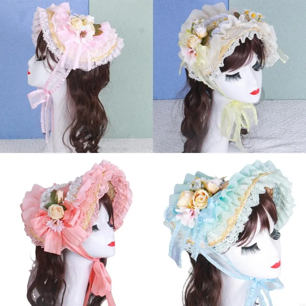 72XE Handmade Victorian Bonnet Hat With Ruffled Trim and Flower Straw Sun Hat For Vintage Enthusiast Teaparty Costume Props
