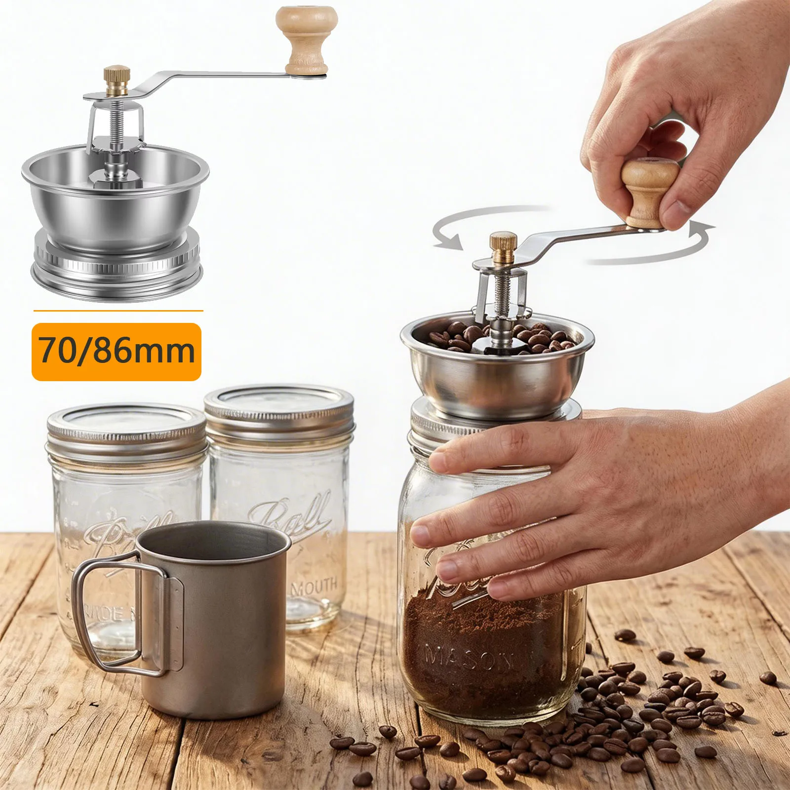 Mason Jar Manuelle Kaffeemühle aus Edelstahl mit abnehmbarem Deckel – Handkaffeebohnenmühle für Mason Jars