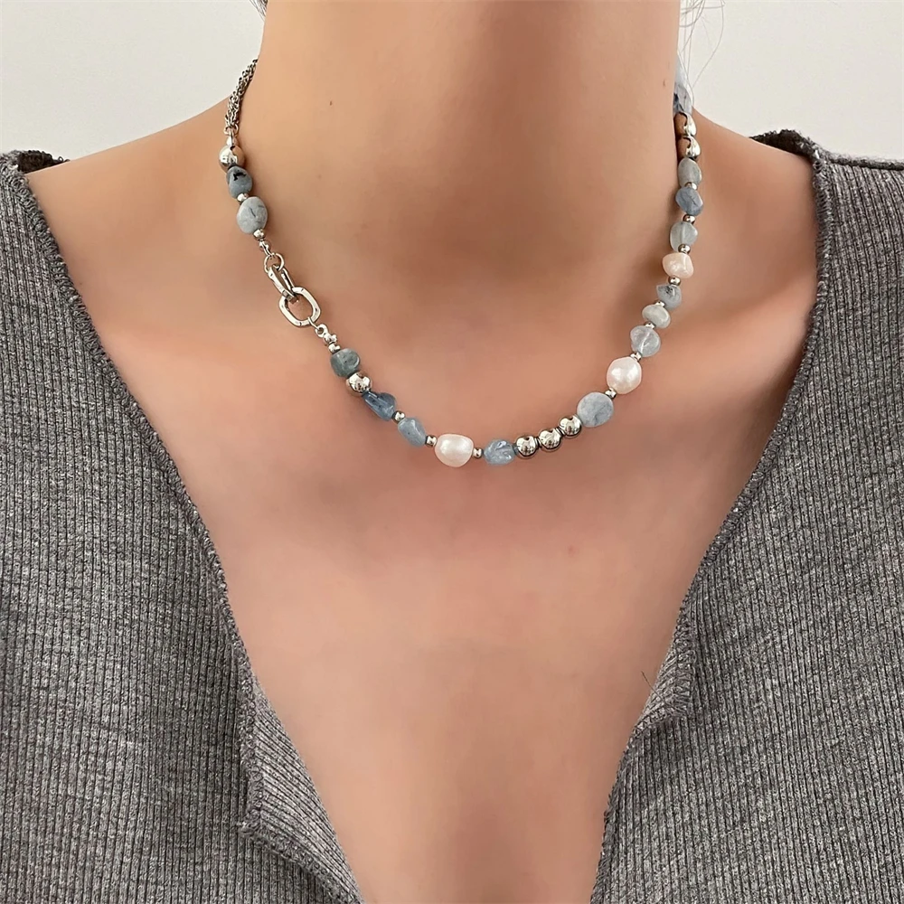 

Natural Stone Blue Crystal Necklace Women's Baroque Clavicle Chain Summer Imitation Pearls Beads Exquisite Necklace Jewelry 2024