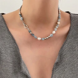 Natural Stone Blue Crystal Necklace Women's Baroque Clavicle Chain Summer Imitation Pearls Beads Exquisite Necklace Jewelry 2024