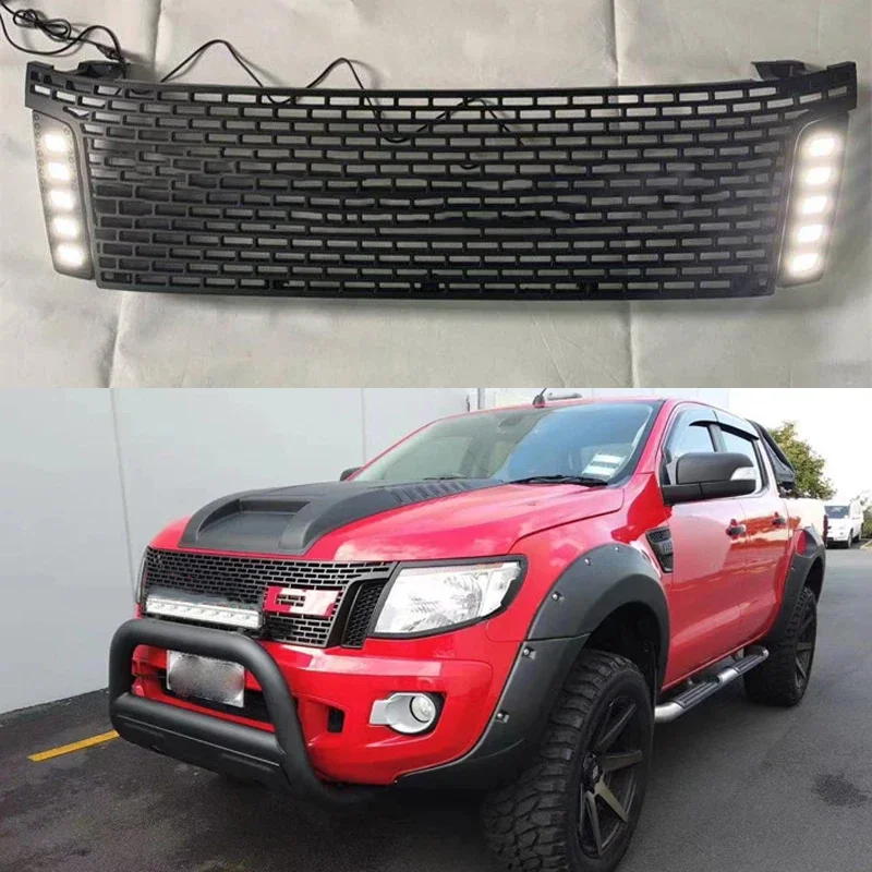 RACING GRILLS FOR FORD WILDTRAK RANGER T6 2012 2013 2014 GRILL GRILLE GRID FRONT BUMPER MASK MESH COVER WITH LED DRL PICKUP