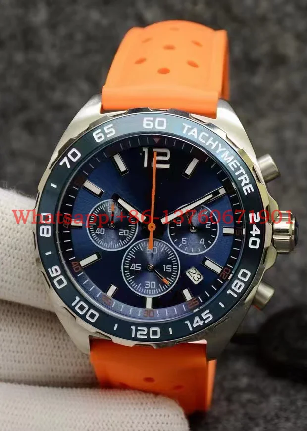 Lurury New Men Quartz Chronograph Watch Stainless Steel Black Blue Rubber Orange Strap Fashion Casual Watches 44mm