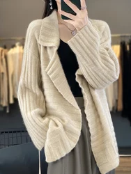 Autumn Winter Women Turn Down Collar 100% Pure Wool Sweater Cardigan Lace-up Cashmere Loose Long Sleeve Knitwear Popular Tops