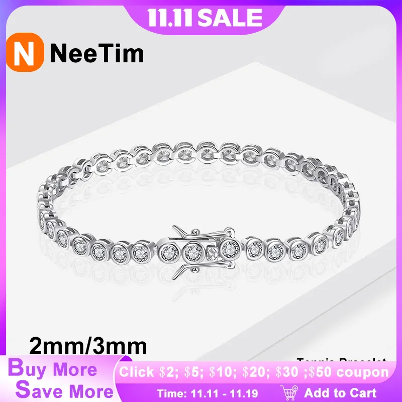 

NeeTim Полный 3 мм круглый муассанитовый теннисный браслет с бриллиантами из стерлингового серебра 925 пробы с позолоченными браслетами для женщин оптом