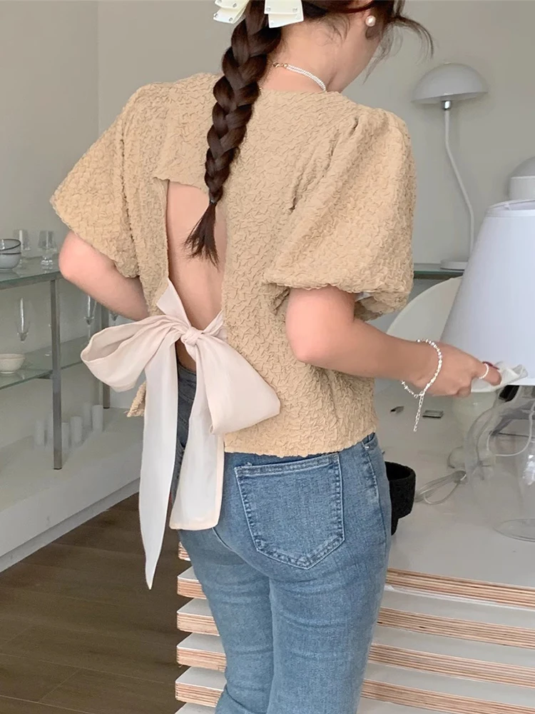 

Korean Backless Bow Tie Short Bubble Sleeve Pullover Shirt For Women's Square Neck Blouse Top 2024 Spring Summer X882