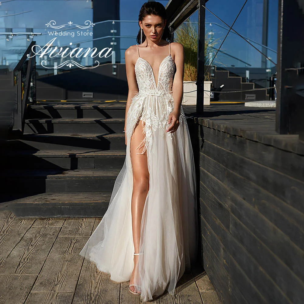 Aviana Customized Spaghetti Straps High Side Split Deep V-Neck Wedding Dress Applique A-Line Lace Sweep Train Charming Beach