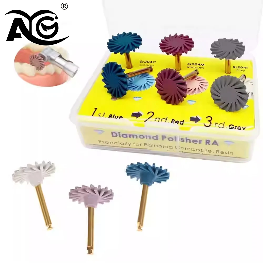 

6 шт./кор. AG, полировальный диск из композитной смолы, резиновый полировщик, колесо 14 мм, 3 цвета, спиральная гибкая щетка, стоматологический инструмент