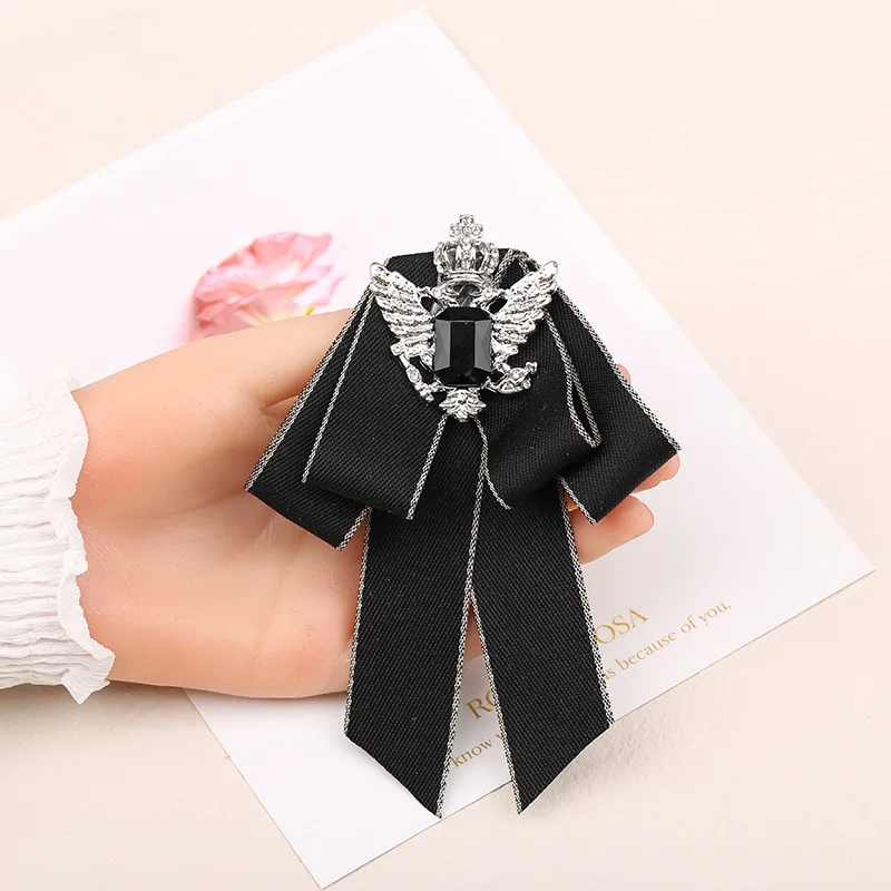 Classic Bow Tie for Women Solid Black Diamond Ribbon Brooch Crystal Rhinestone Shirts Collar Pin Boys Bowtie Casual Accessories