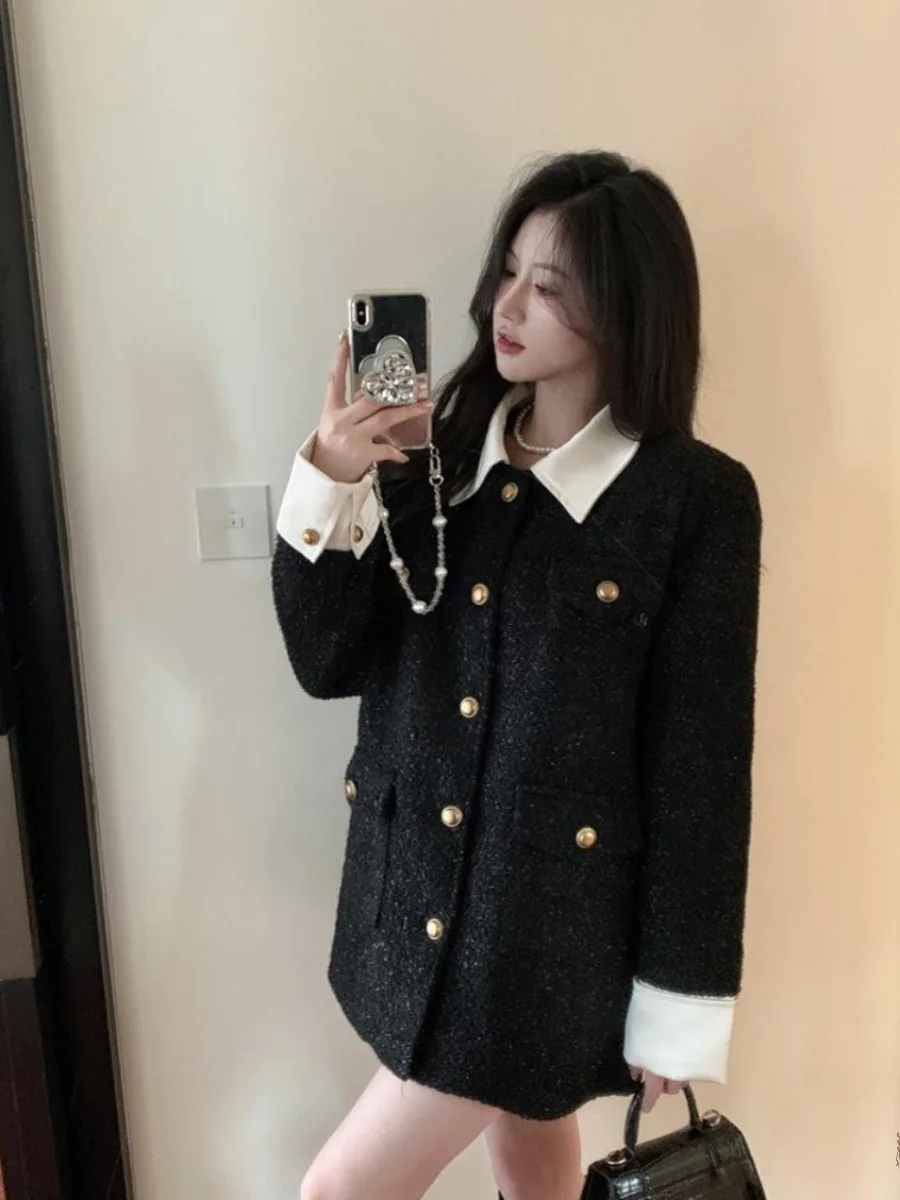  Black Quilted Jacket Women's Autumn Winter New Style Commute Wind Straight Tube Long Sleeve Button Closure Polyester