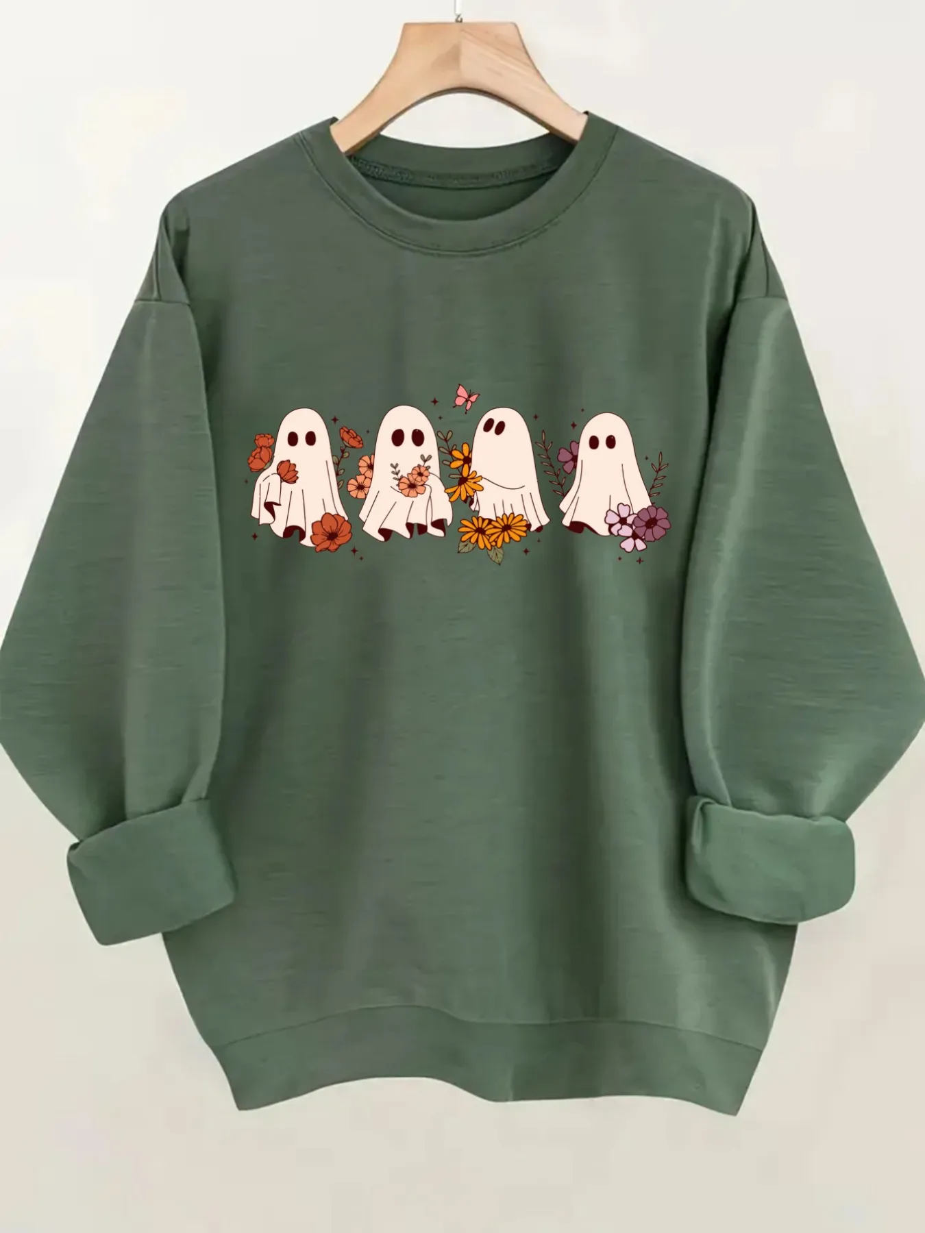 Women's Crewneck Pullover Sweatshirt Cute Ghost Flowers Design, Soft Casual Long Sleeve, Daily Casual Top Outfit, Winter Women's Clothing, Halloween Costume Outfit