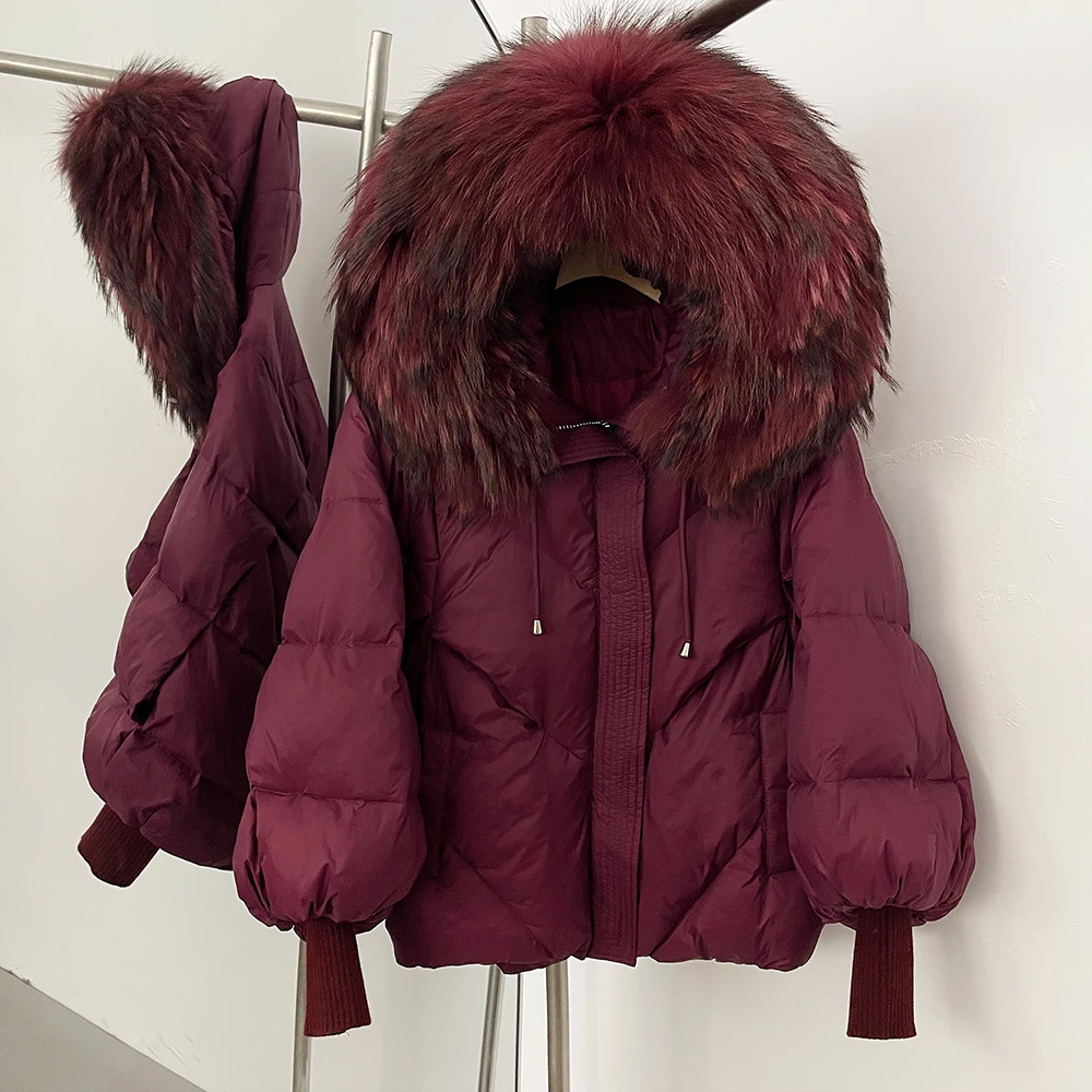 OFTBUY Piumino d'anatra Donna Nuovo Inverno Vera pelliccia di volpe Procione Piumino con cappuccio Pelliccia staccabile Spessa collo di pelliccia allentata Capispalla