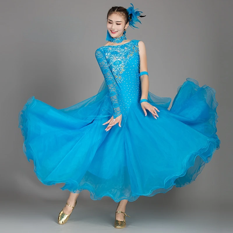 Round Neck Diamond Gradient Women Ballroom Dance Competition Dress Waltz Dress Rumba Dance Costumes Ball Gown