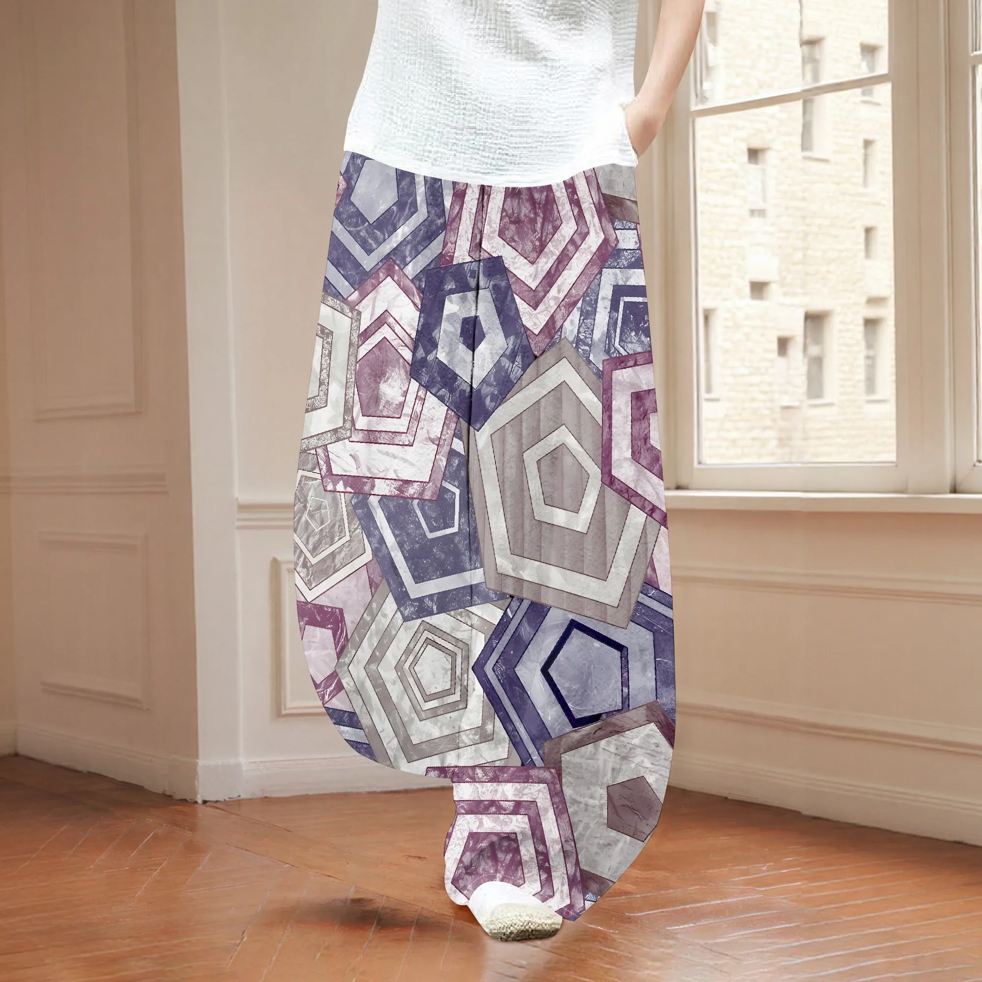 

EQQZD Stylish Casual Haram Pants, Modern Geometric Pattern Print Trousers, Women's Summer Casual Loose Pants