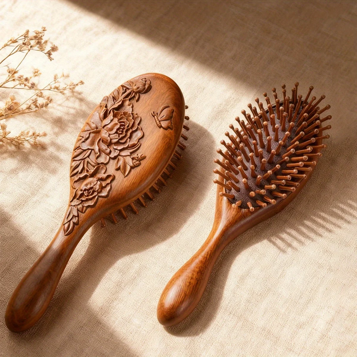 Roter Sandelholz-Luftkissenkamm mit Gravur, Holz-Kopfhautmassagebürste, antistatischer Entwirrungskamm, Geschenk, Haarstyling-Zubehör – Detail 2