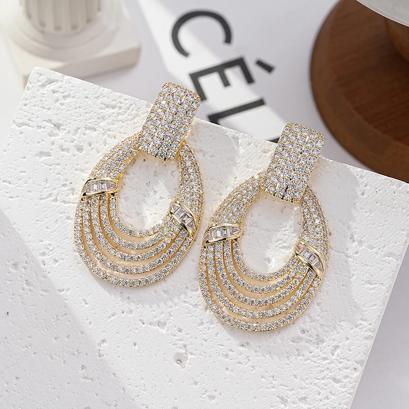 SENYU Elegant Classic Ovl Shape Big Earrings for Women Gradient Surround CZ Jewelry Luxury Dubai Wedding Fashion Bridal Earrings