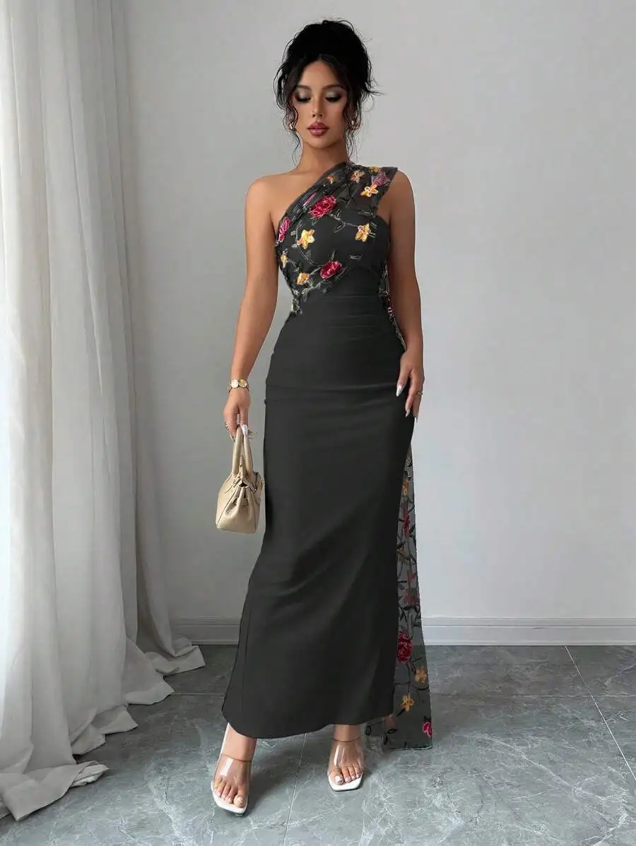 

Black One-Shoulder Maxi Dress Featuring Floral Embroidered Sheer Mesh Panel And Solid Skirt For Women