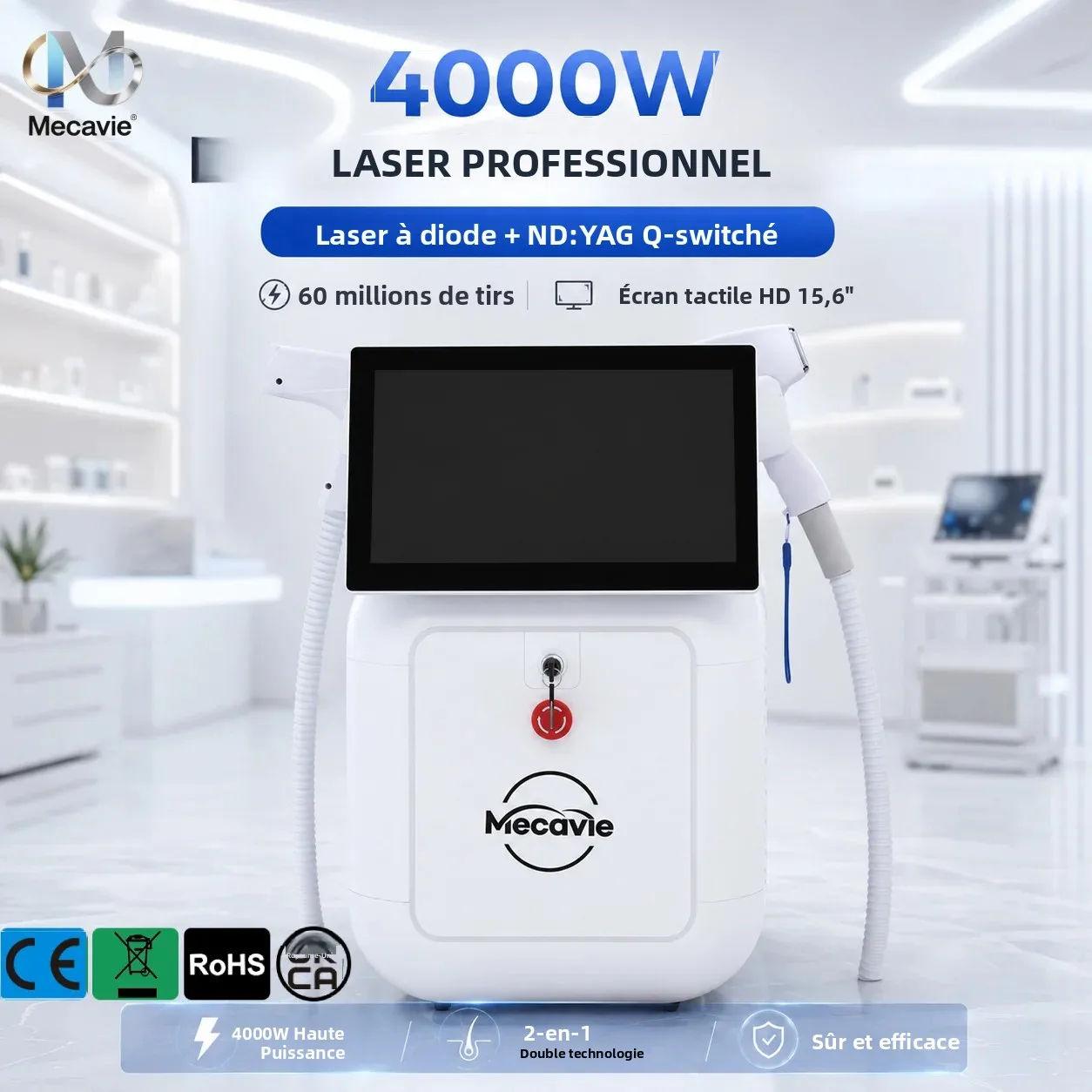 Appareil professionnel 2-en-1 pour l'épilation au laser diode et le détatouage au picoseconde, équipement de beauté professionnel à quatre longueurs d'onde, technologie de refroidissement par glace, réduction permanente des poils, élimination des taches de rousseur et des tatouages des sourcils, blanchiment de la peau, grand écran, appareil pour SPA et salon.