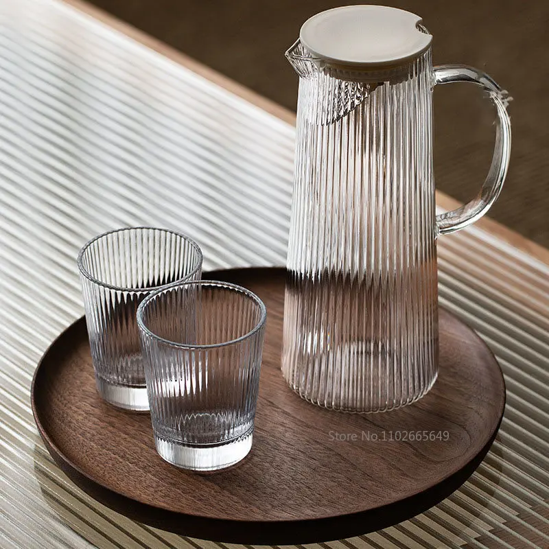 Clear Vertical Stripes Glass Cold Kettle and Cup Sets Heat-resistant Water Bottle Juice Drink Carafe Teapot Water  Home Pitcher