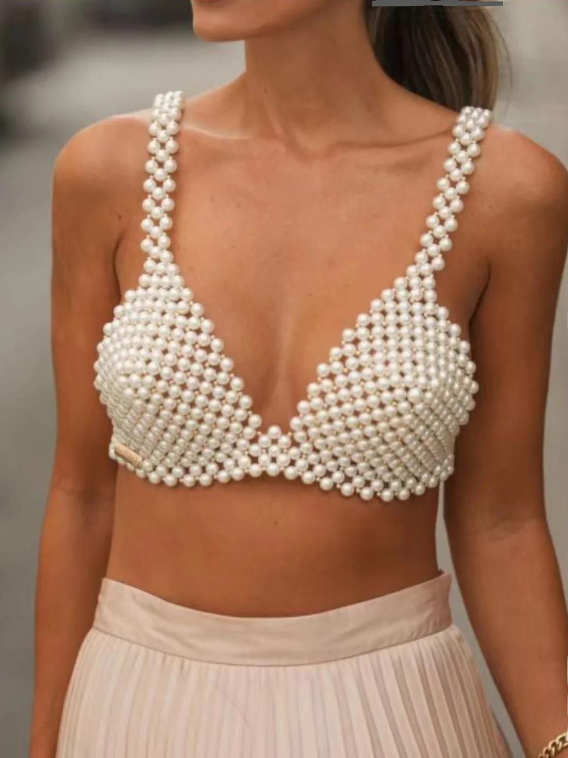 

Новинка 2023: Летний европейский цветной жемчужный топ-бандо на бретельках для женщин, укороченный топ без рукавов, другие/другие