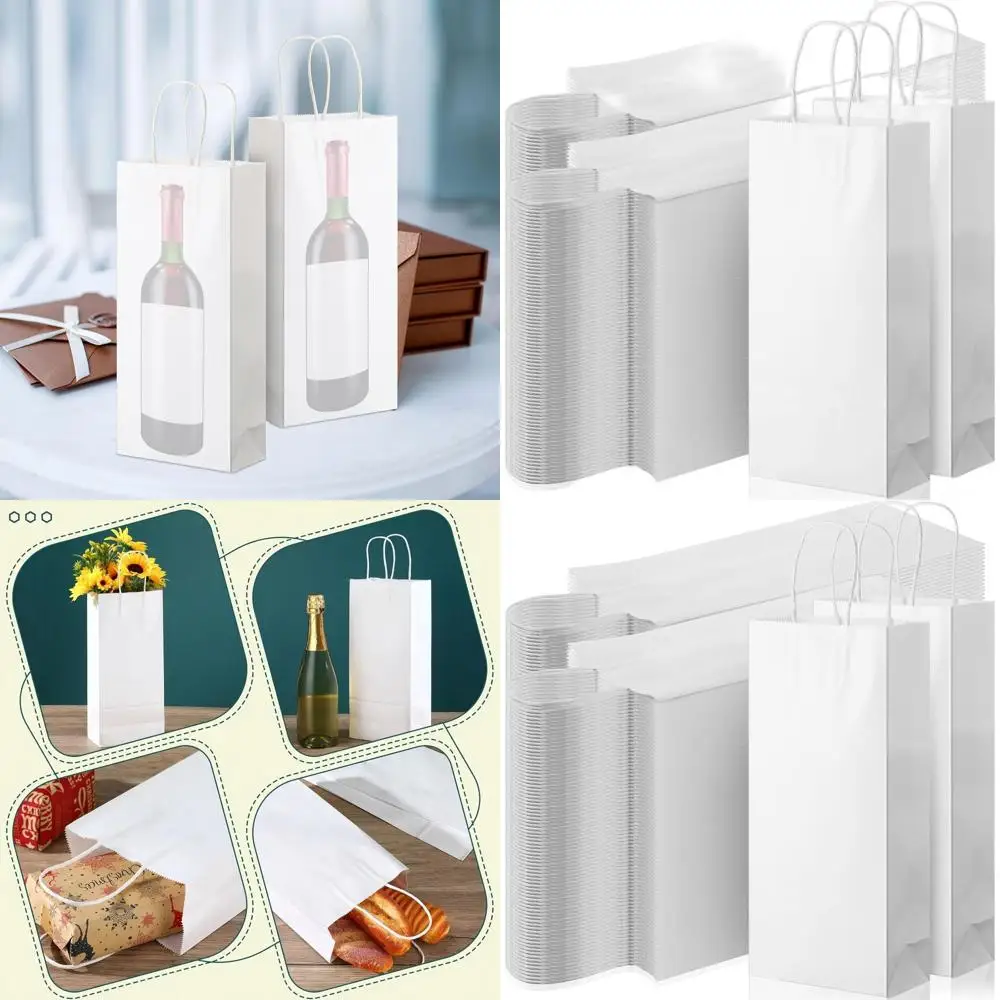 

Set of 200 White Kraft Wine Bags with Handles, Ideal for Wedding, Birthday, and Party Gifts (6x3x13 inches)