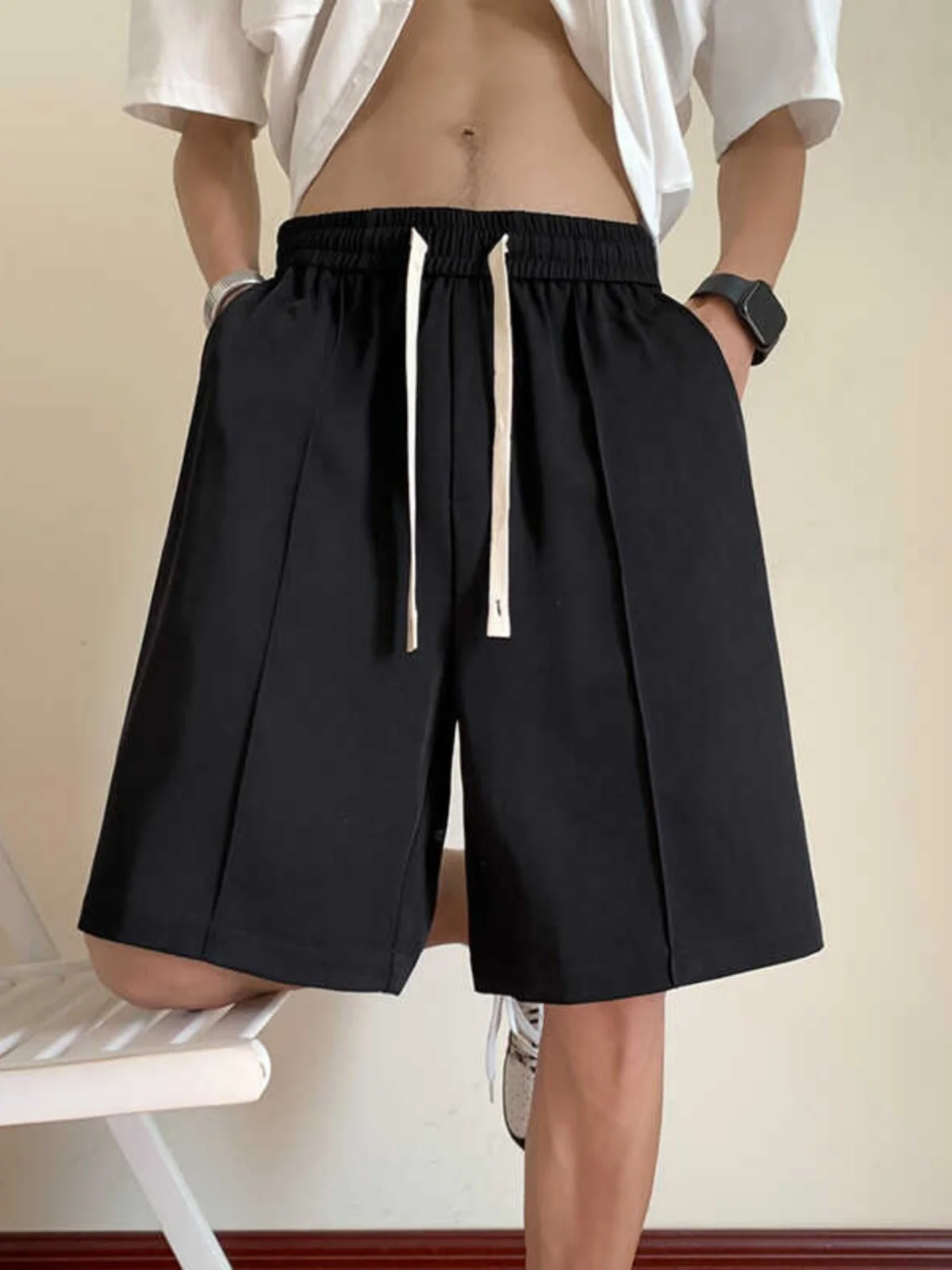 

Мужские летние тонкие спортивные брюки свободного кроя из ледяного шелка в американском уличном стиле, повседневные, струящиеся, длиной до колена, прямые штаны