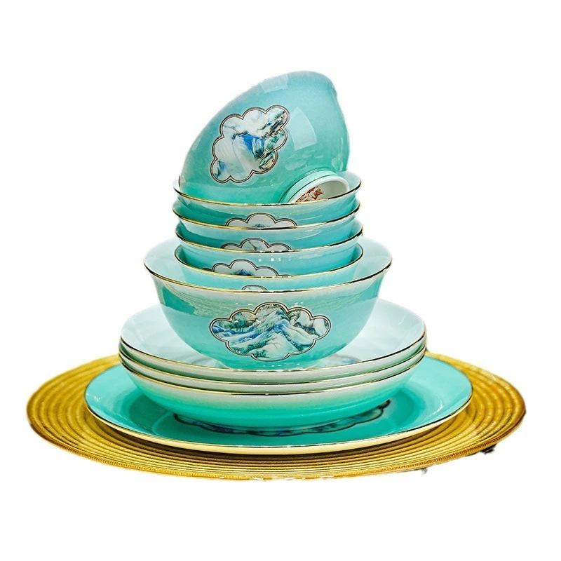 

Household edge bone china tableware set, Chinese 2024 new dish combination