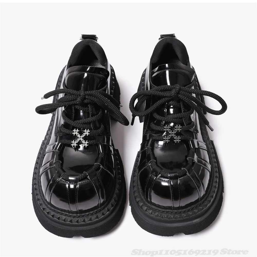 Men's 5cm Height Increase Lace Up Loafers Retro Round Toe Chunky Heel Derby Shoes Lace Up Black Leather Casual Single Shoes