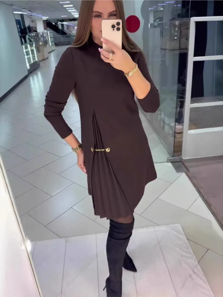 Women O Neck Long Sleeve Mini Dress Irregular Pleated Spliced Short Dress Elegant Office Party Casual Dresses For Women Robe