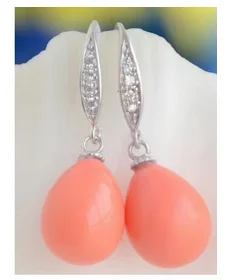 12*14MM PINK CORAL TEARDROP SOUTH SEA SHELL PEARL DANGLE EARRING Earrings gem/stone/coral/opal Marcasite