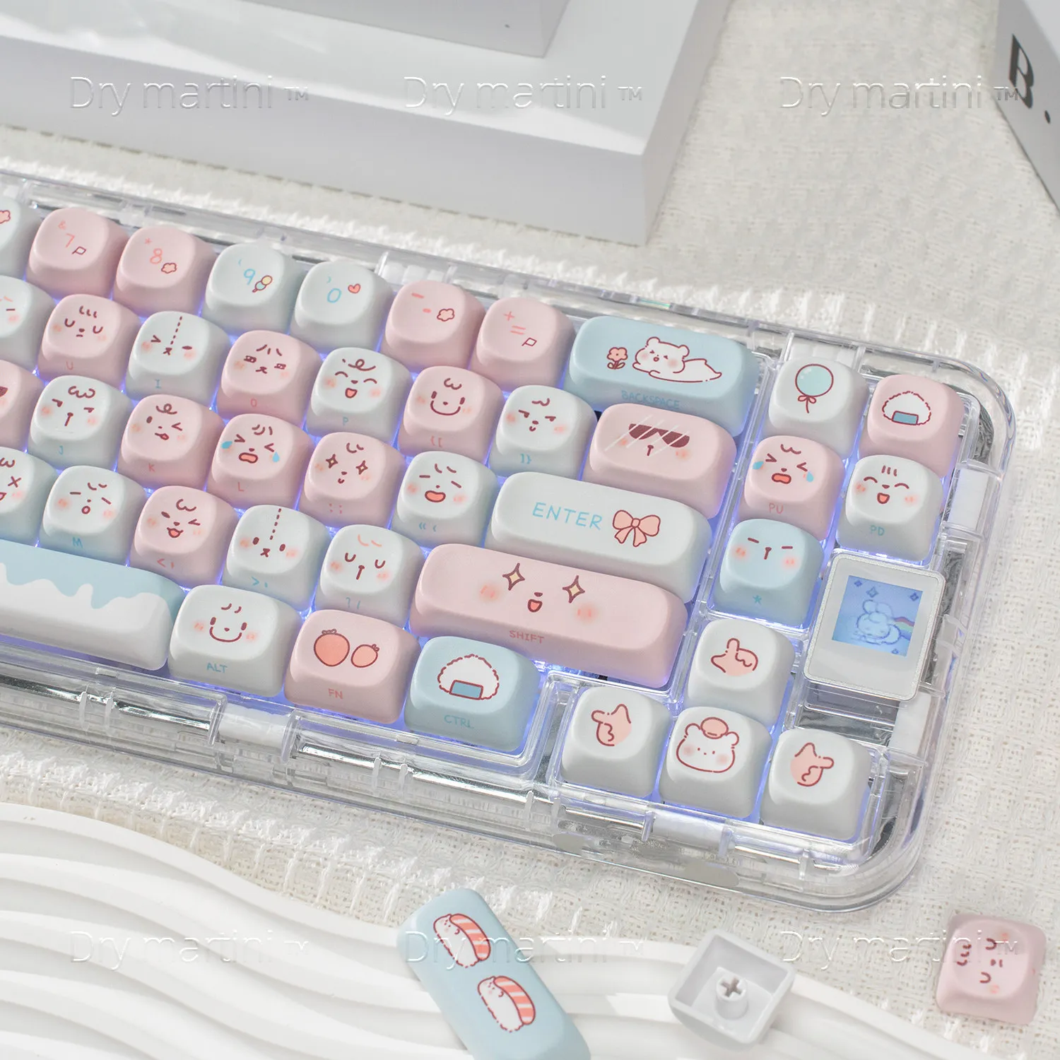 Cute Blue Pink Bear Keycaps MOA Profile PBT Sublimation Side-Engraved Translucent Spherical KeyCap Set Mechanical Keyboard Caps