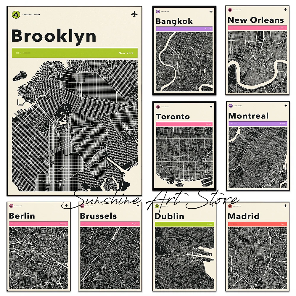 Black Minimalist BERLIN BROOKLYN BRÜSSEL SAN DIEGO NEW ORLEANS SAN FRANCISCO TORONTO Maps Poster Canvas Painting Wall Pictures