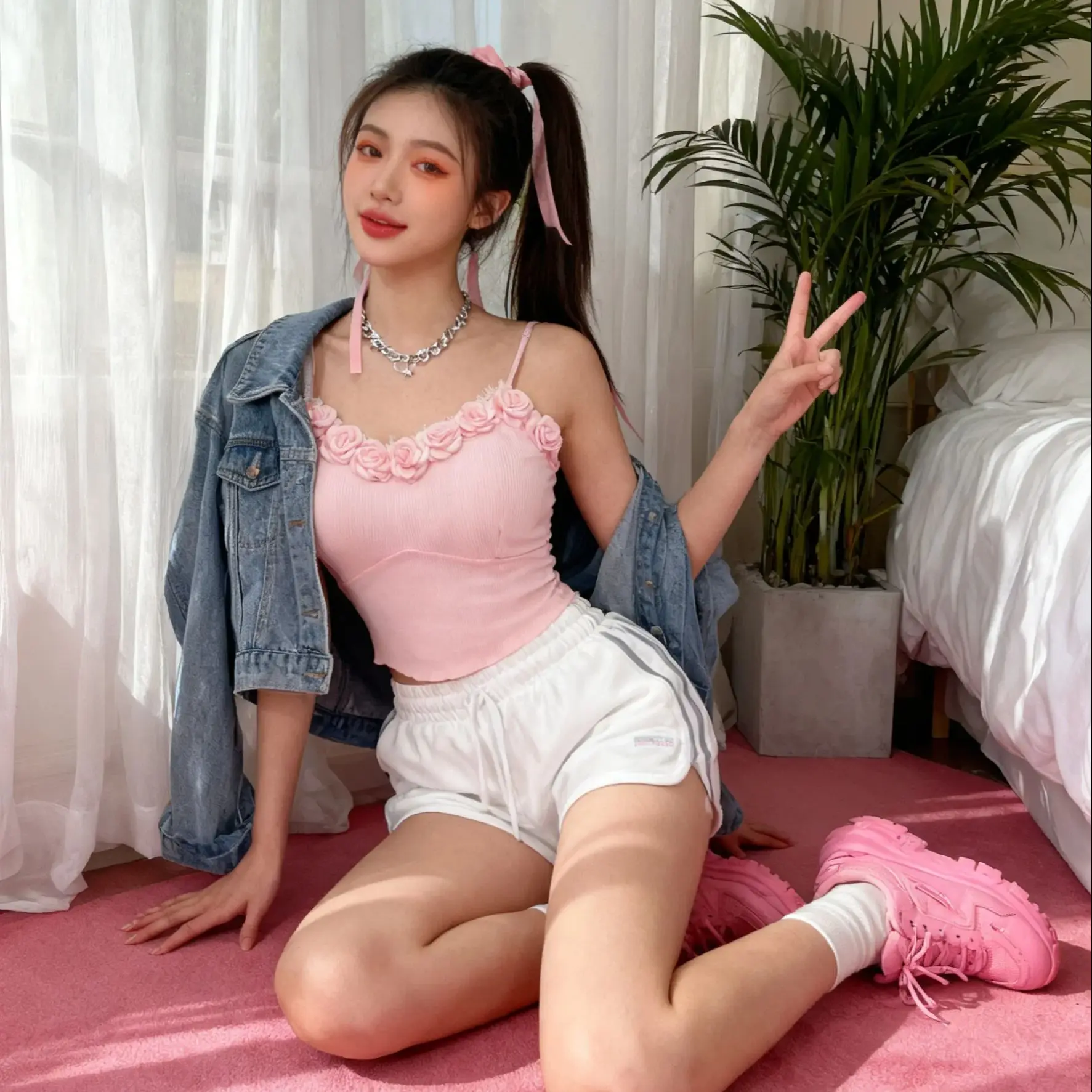 

Милая женская майка принцессы с трехмерной камелией, элегантный v-образный вырез с высокой талией, горячий укороченный топ с подкладкой на грудь, топы на бретелях