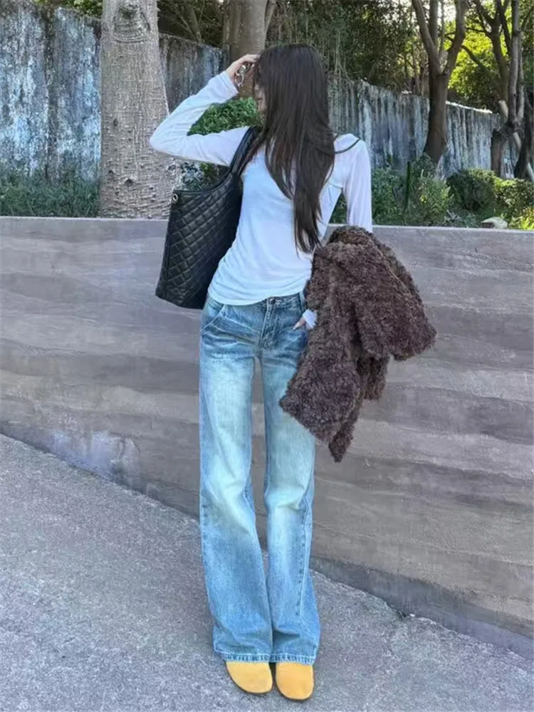 

American Vintage Low Waist Flared Jeans Women's Spring Loose Drapey Tall Extended Floor-Length Pants Deep Color Washed