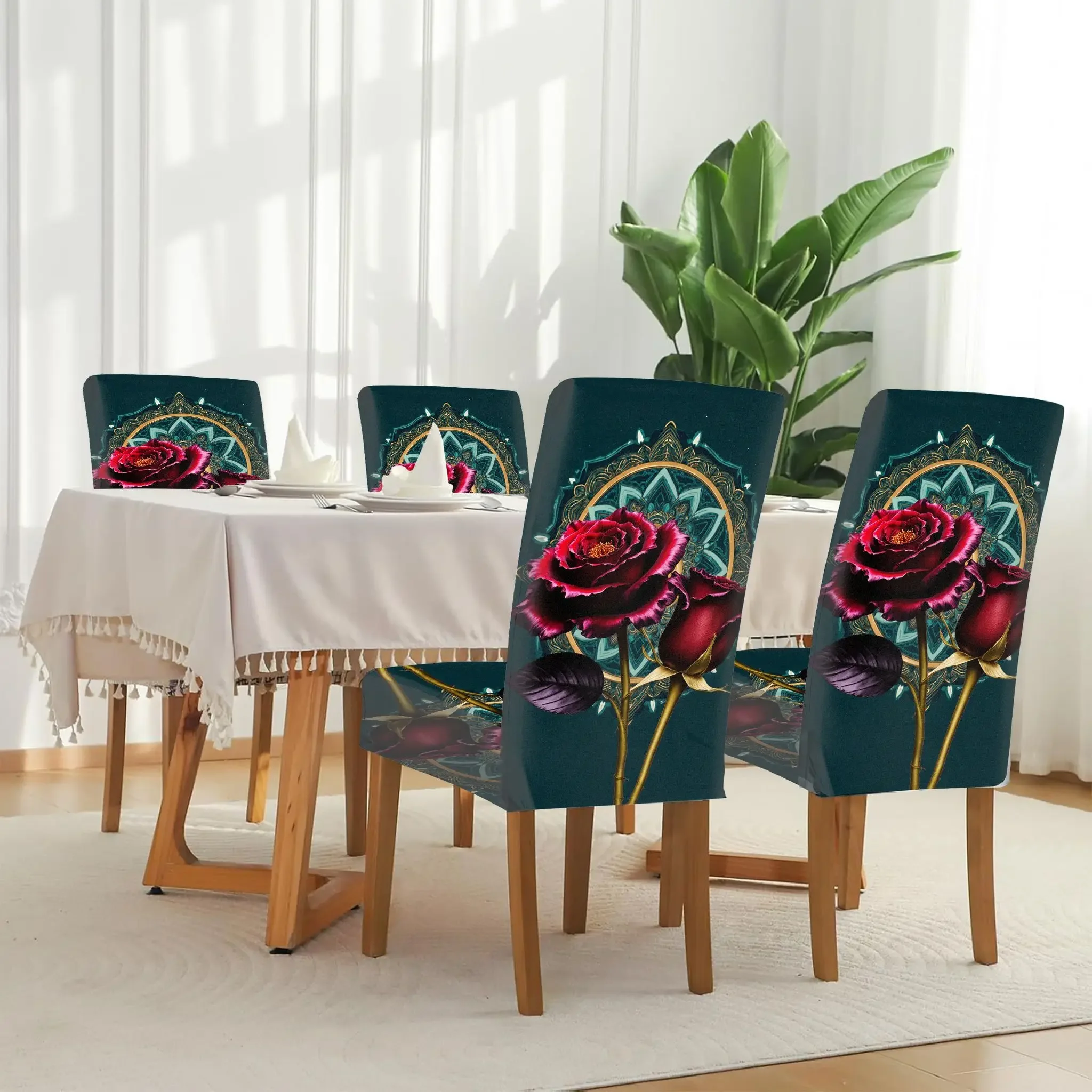 

Restaurant seat elastic protective cover, removable home decoration products, rose flower print chair cover