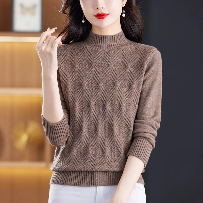 Hot Sweater Women Korean Fashion Warm Bottoming Shirts Autumn Half High Collar Basic Knitwear Solid Long Sleeve Pullovers Tops