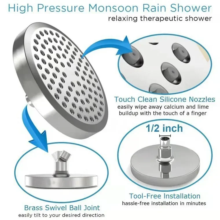 Cabezal de ducha de lluvia de alta presión de 6 ", cabezal de ducha de baño cromado moderno de lujo, negro, plateado, ángulo ajustable