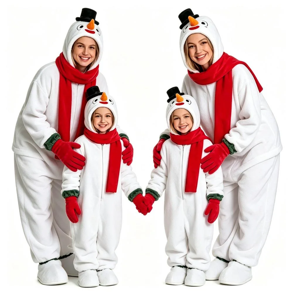 Christmas Snowman Family Matching Onesie Pajamas with Scarf Glovers Parent‑Child Fleece Hooded Jumpsuit Xmas Homewear Nightwear