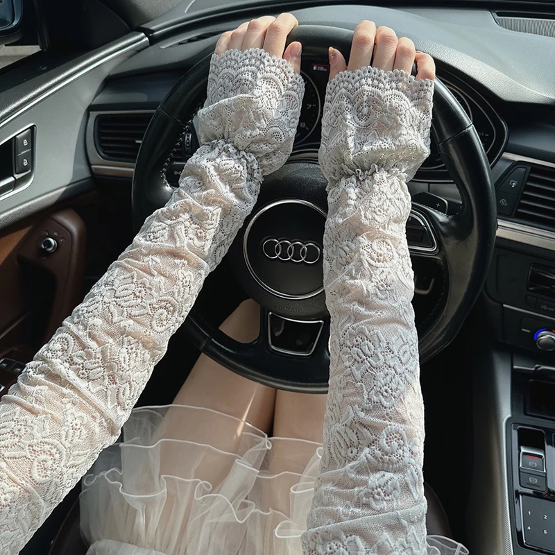 Elegant Lace หวานหลวมแขนผู้หญิง Floral Hollow Out แขนยาวฤดูร้อนครีมกันแดดกลางแจ้ง Fingerless ถุงมือขับรถ
