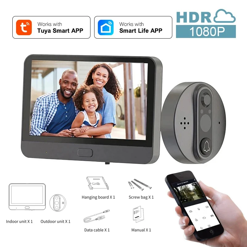 

Tuya Smart WiFi Doorbell with1080P/120° Camera Video Peephole 4.3 Inch LCD Screen 24H PIR Motion Detection Eye Apartment